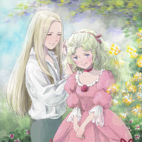 1boy, 1girl, allan_twilight, androgynous, blonde_hair, choker, dress_shirt, long_hair, lowres, marybell_portsnell, oekaki, aged_up, own_hands_together, poe_no_ichizoku, sakai_yume, shirt, smile, white_shirt