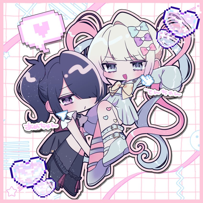 2girls, ame-chan_(needy_girl_overdose), babumi_roriko, black_hair, blonde_hair, blue_eyes, blue_hair, border