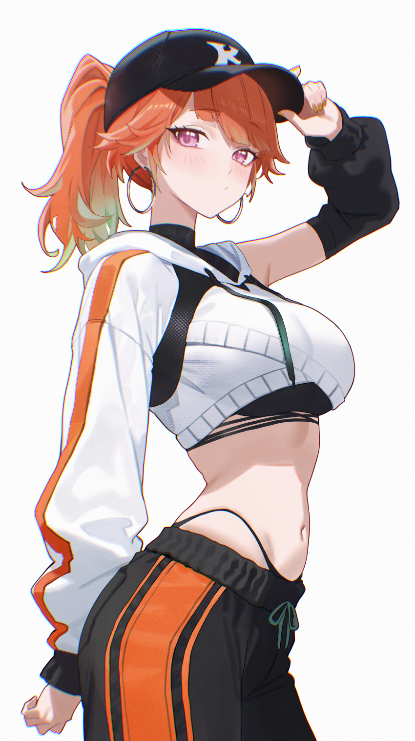 1girl, absurdres, adjusting_clothes, adjusting_headwear, anska, arm_up, baseball_cap, black_hat, black_pants, black_shirt, black_sleeves, breasts, colored_inner_hair, cropped_hoodie, cropped_shirt, detached_sleeves, earrings, ego_(takanashi_kiara), gradient_hair, green_hair, hair_flaps, hat, highleg, highleg_panties, highres, hololive, hololive_english, hood, hoodie, hoop_earrings, jewelry, large_breasts, long_hair, looking_at_viewer, midriff, multicolored_hair, navel, official_alternate_costume, orange_hair, panties, pants, panty_straps, purple_eyes, shirt, simple_background, single_detached_sleeve, single_sleeve, solo, takanashi_kiara, turtleneck, underwear, virtual_youtuber, white_background, white_hoodie