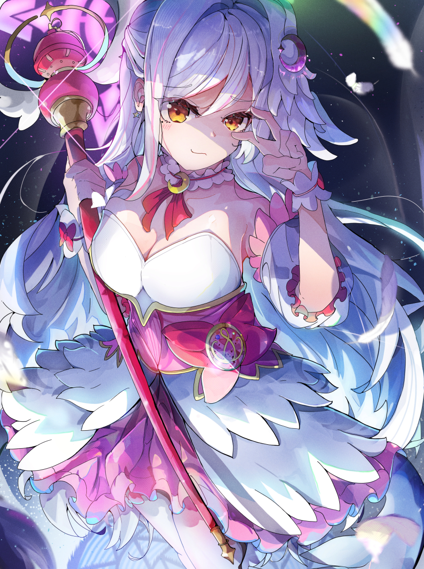 1girl, absurdres, blue_archive, bustier, corset, crescent, crescent_hair_ornament, grey_wings, hair_ornament, halo, head_wings, highres, holding, holding_staff, kouchir, looking_at_viewer, mage_staff, magical_girl, pink_corset, pink_halo, single_hair_intake, single_head_wing, single_wing, smile, solo, staff, suzumi_(blue_archive), suzumi_(magical)_(blue_archive), v, wing_ornament, wings