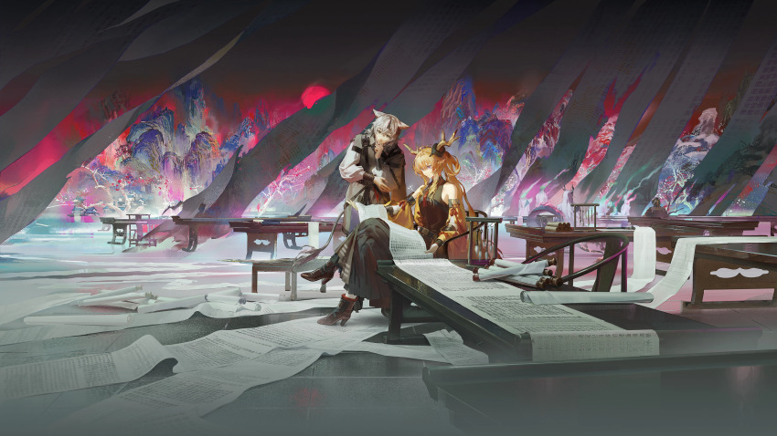 1girl, 3boys, absurdres, arknights, artist_request, chair, crossed_legs, hanging_scroll