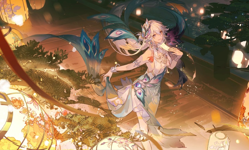 1girl, aqua_dress, blue_nails, bracelet, bu_teng_lucky, chinese_commentary, commentary_request, dress, earrings, floating_hair, hair_between_eyes, hand_up, highres, honkai:_star_rail, honkai_(series), jewelry, lantern, looking_at_viewer, outdoors, parted_lips, peacock_feathers_hair_ornament, sleeveless, sleeveless_dress, smile, solo, white_dress, yao_guang_(honkai:_star_rail)