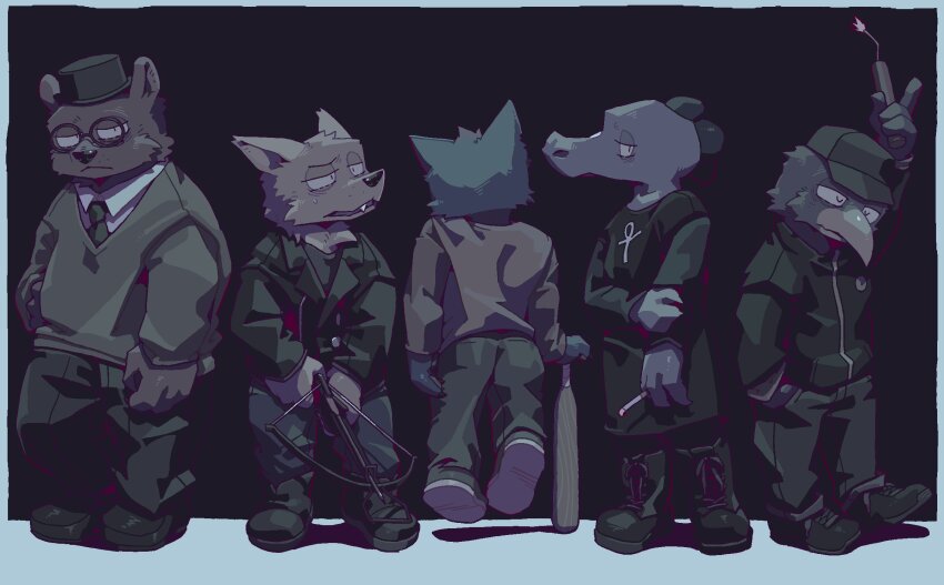 2girls, 3boys, angus_delaney, baseball_bat, bea_santello, beak, bear_boy, bird_boy, black_dress, black_jacket, bow_(weapon), cat_girl, commentary, crocodile_girl, crossbow, dress, fangs, fox_boy, germ_warfare, green_sweater, gregg_lee, hashtag-only_commentary, hat, highres, holding, holding_baseball_bat, holding_crossbow, holding_dynamite, holding_weapon, jacket, mae_borowski, multiple_boys, multiple_girls, night_in_the_woods, sweater, top_hat, untranslatable_commentary, vetiver, weapon