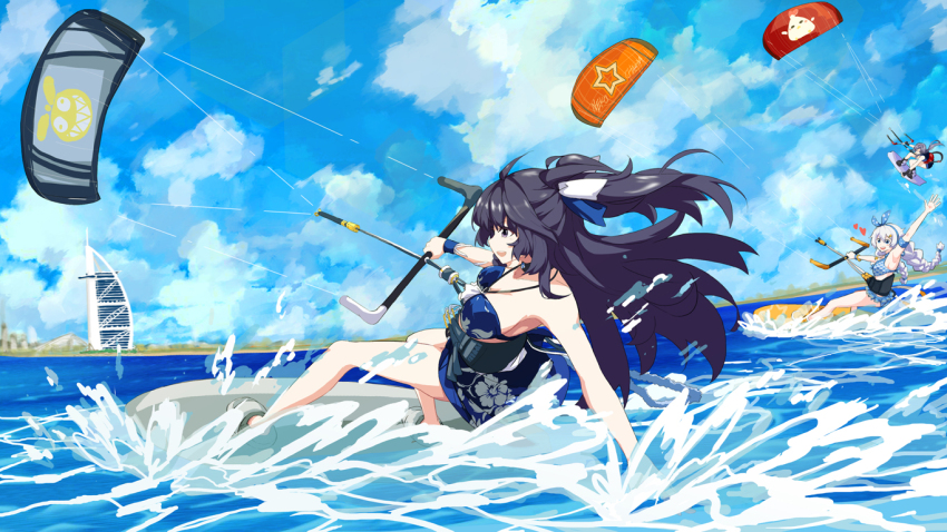 3girls, :d, arm_up, armpits, beach, bikini, bikini_skirt, black_hair, blue_sky, braid, breasts, cloud, cloudy_sky, commentary, english_commentary, fu_hua, full_body, honkai_(series), honkai_impact_3rd, indonesia, indonesian_commentary, jewelry, jingwei_(bird), kiana_kaslana, kiana_kaslana_(sunny_beach), komikuse, large_breasts, multiple_girls, necklace, open_mouth, outdoors, purple_eyes, purple_hair, raiden_mei, raiden_mei_(vast_ocean), sky, smile, strapless, strapless_bikini, surfboard, swimsuit, twin_braids, water, white_hair, wind
