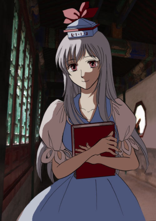 1girl, anime_coloring, blue_dress, book, hugging_book, dark, dress, female_focus, hat, holding, holding_book, hyousaki_mihoko, kamishirasawa_keine, long_hair, moonlight, night, hugging_object, puffy_sleeves, red_eyes, short_sleeves, smile, solo, touhou, white_hair