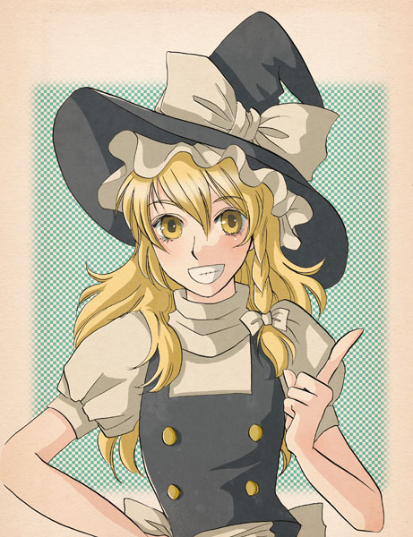 1girl, blonde_hair, braid, buttons, female_focus, grin, hair_ribbon, hat, hat_ribbon, hyousaki_mihoko, kirisame_marisa, ribbon, side_braid, smile, solo, touhou, witch, witch_hat, yellow_eyes