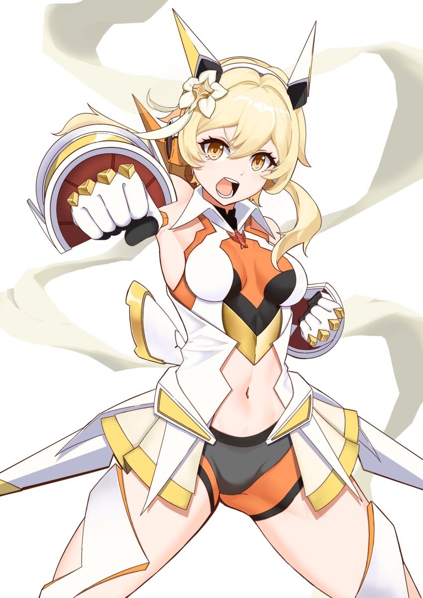 1girl, blonde_hair, breasts, clenched_hands, clothing_cutout, commentary, cosplay, cowboy_shot, english_commentary, gauntlets, genshin_impact, hdum777, headgear, highres, impossible_clothes, impossible_leotard, leotard, long_scarf, looking_at_viewer, lumine_(genshin_impact), mixed-language_commentary, navel, navel_cutout, open_mouth, scarf, senki_zesshou_symphogear, short_hair_with_long_locks, short_shorts, shorts, simple_background, small_breasts, solo, symphogear_pendant, tachibana_hibiki_(symphogear), tachibana_hibiki_(symphogear)_(cosplay), thighhighs, voice_actor_connection, white_background, white_scarf, yellow_eyes, yuuki_aoi