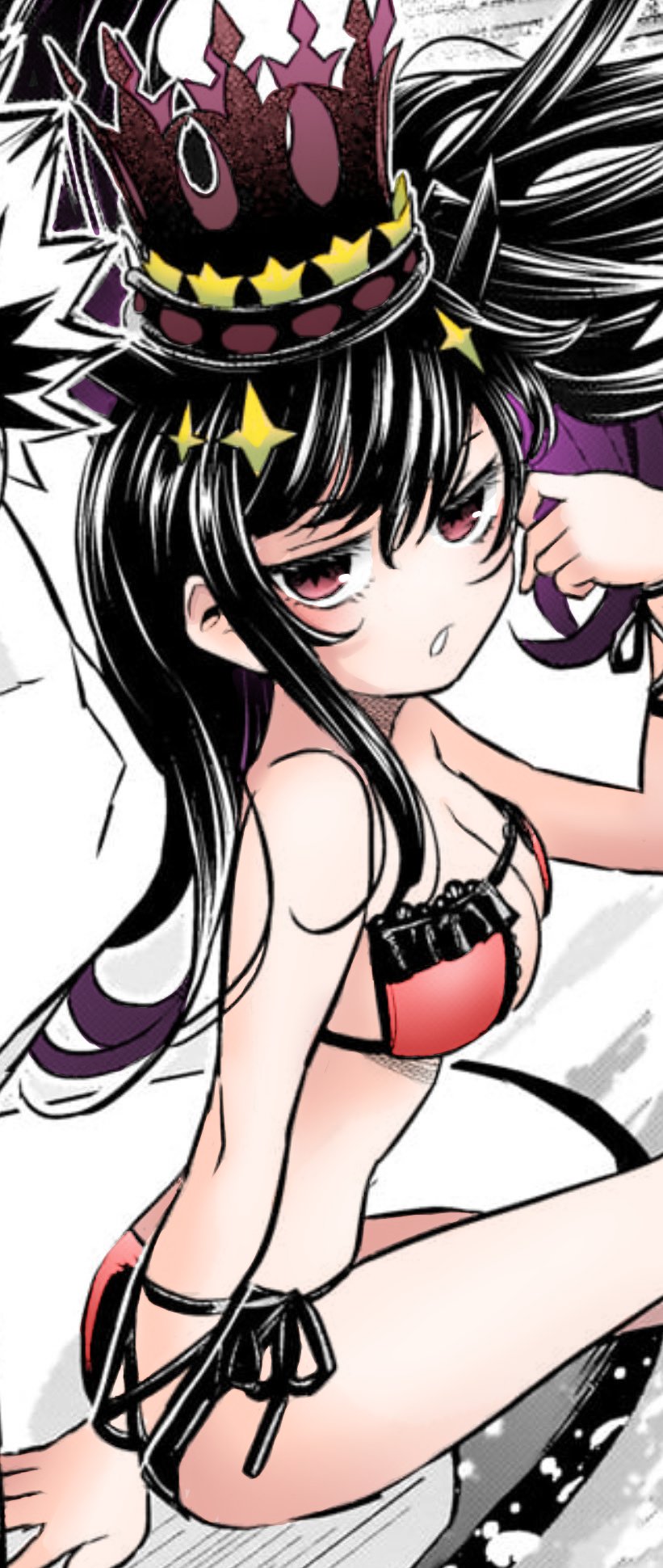 1boy, 1girl, bare_shoulders, bikini, black_hair, breasts, cleavage, collarbone, colorized, crossed_legs, crown, eyepatch_bikini, hair_ornament, highres, kawae_kouta, loli, long_hair, looking_back, nue_no_onmyouji, red_eyes, sitting, solo_focus, swimsuit, thighs, throne, twintails, two_side_up, yajima_gakuro, yozora_(nue_no_onmyouji)