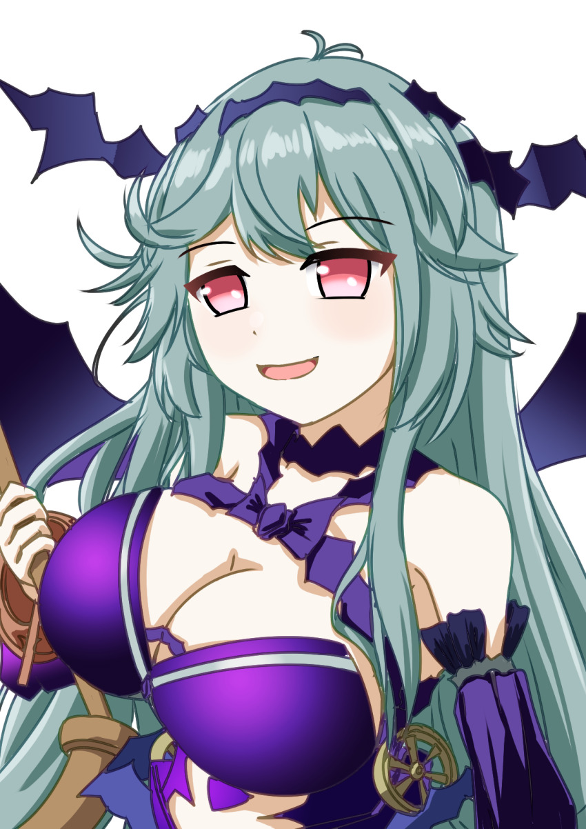 1girl, aqua_hair, bare_shoulders, breasts, chaos_aurora_(grimms_notes), cleavage, detached_sleeves, grimms_notes, hand_up, holding, itomaki_no_madou_taihou_(grimms_notes), large_breasts, long_hair, looking_at_viewer, notogoro, red_eyes, simple_background, smile, solo, thorns, upper_body, white_background