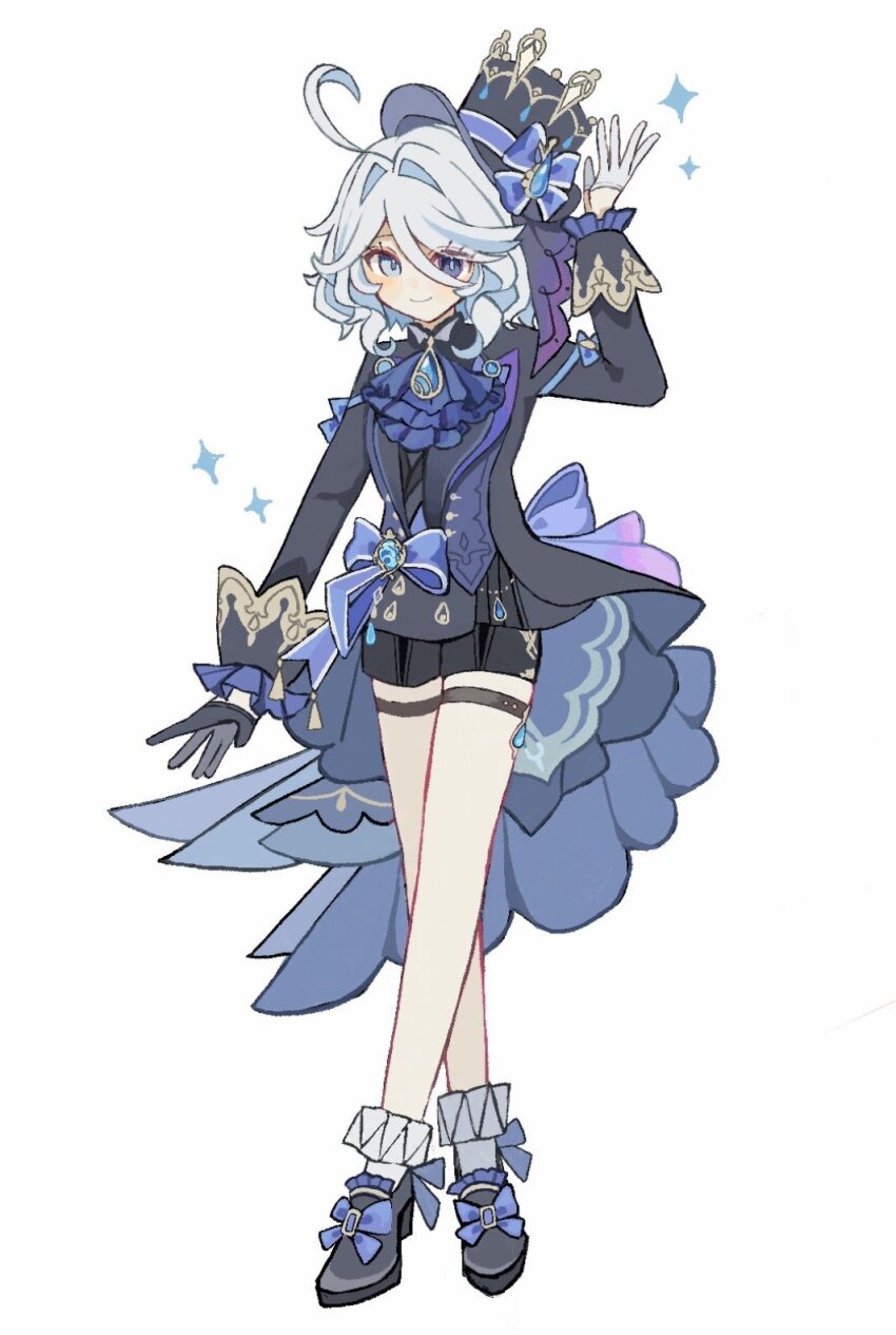 1girl, ahoge, arm_up, ascot, asymmetrical_gloves, black_gloves, black_jacket, black_shoes