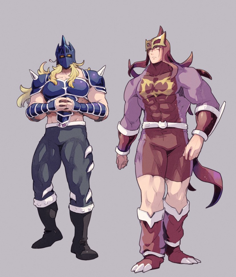 2boys, armor, artist_request, belt, biceps, blue_eyes, bodysuit, clenched_hands