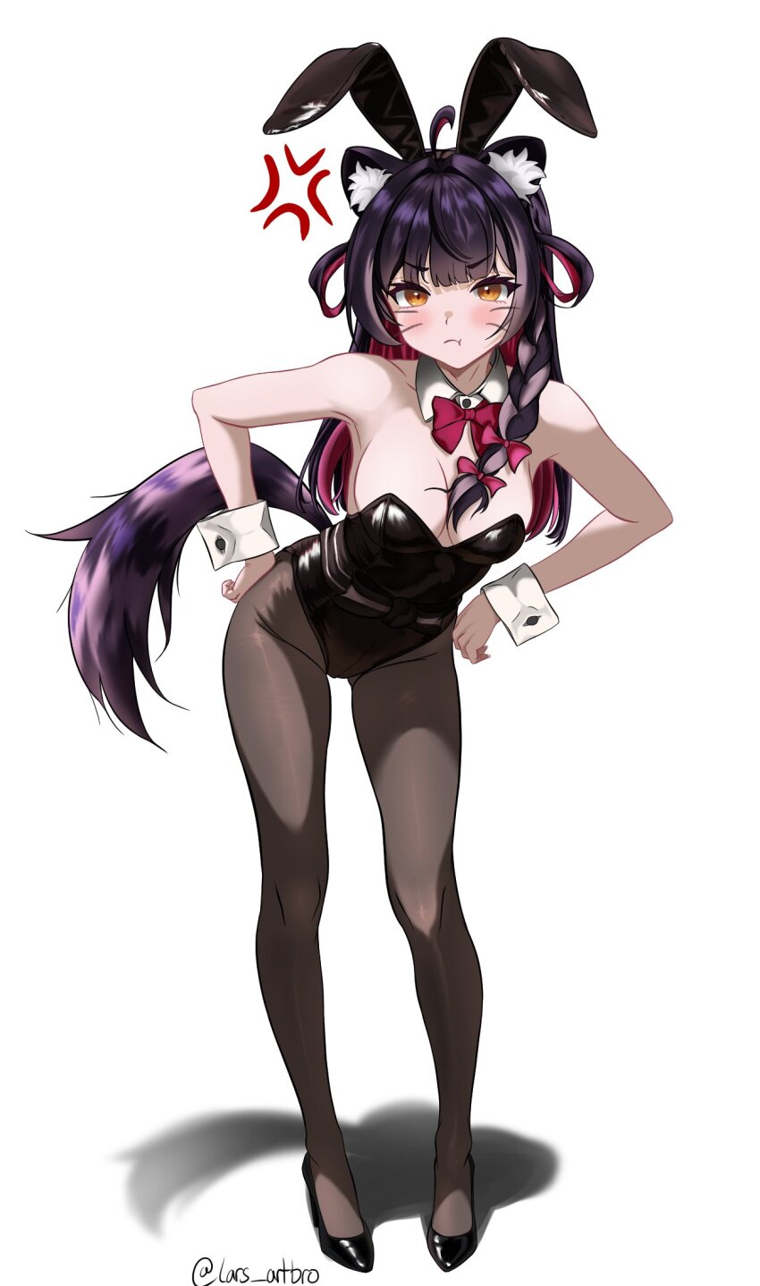 1girl, ahoge, anger_vein, animal_ear_fluff, animal_ears, annoyed, black_leotard, black_shoes