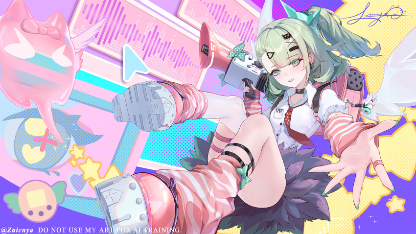 1girl, arm_warmers, backpack, bag, black_bow, blush, bow, breast_pocket