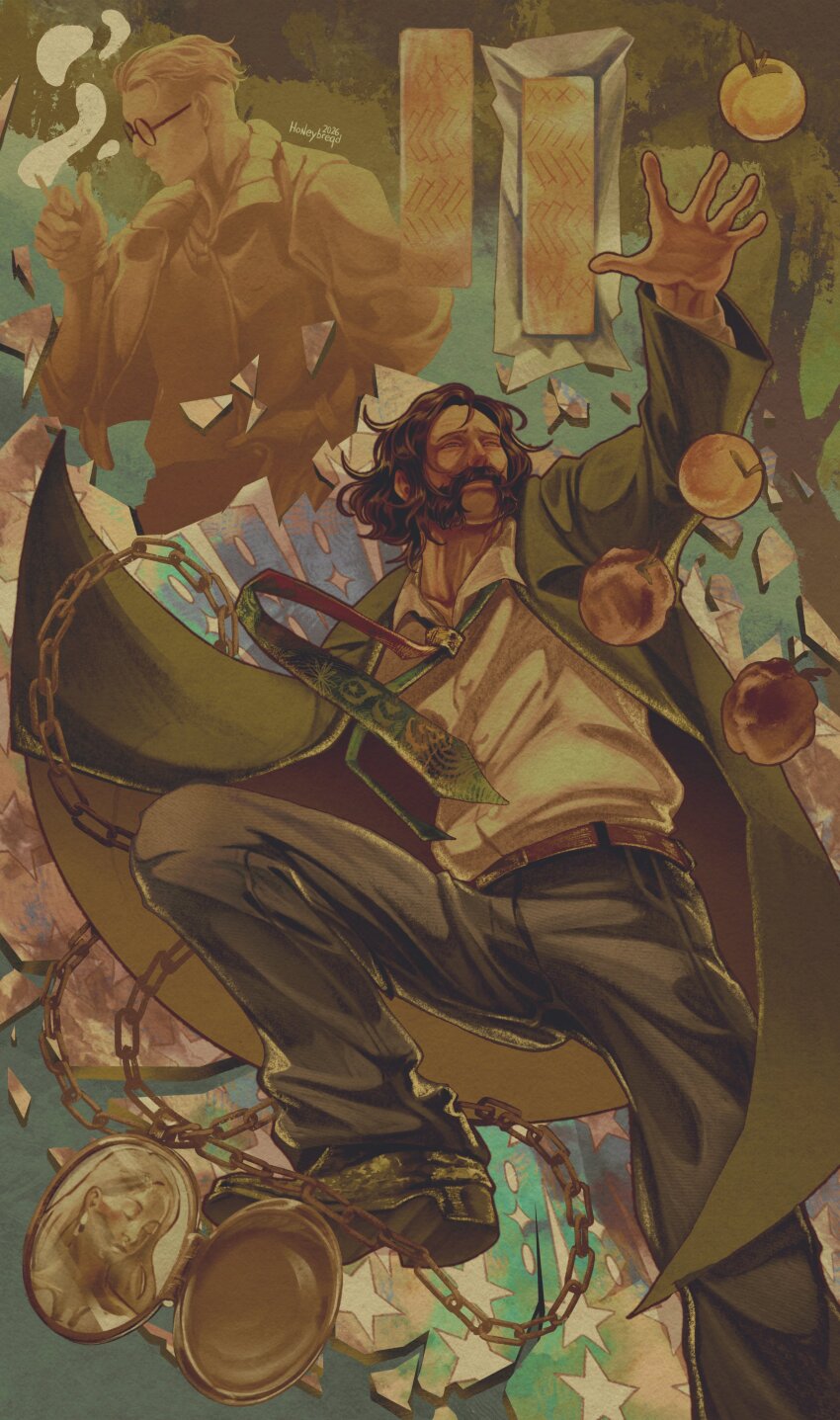 2boys, absurdres, apricot_(fruit), belt, blazer, bomber_jacket, broken_glass, brown_hair