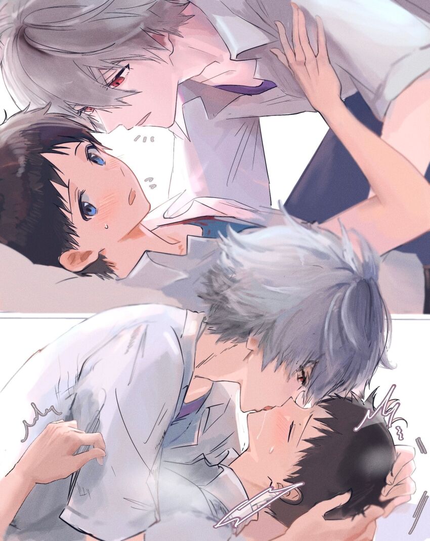 2boys, blue_eyes, blue_pants, blue_shirt, brown_hair, closed_eyes, collared_shirt, commentary_request