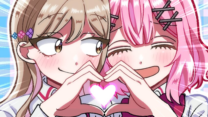 2girls, ^_^, amaori_renako, blonde_hair, blue_background, closed_eyes, closed_mouth, commentary