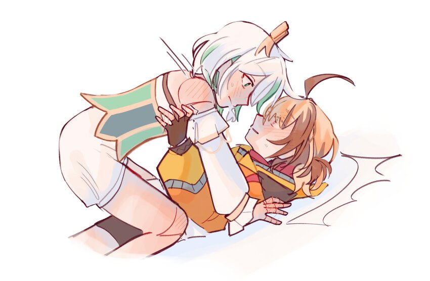 2girls, ahoge, black_gloves, brown_hair, brown_streaks, cecilia_immergreen, closed_mouth, commentary