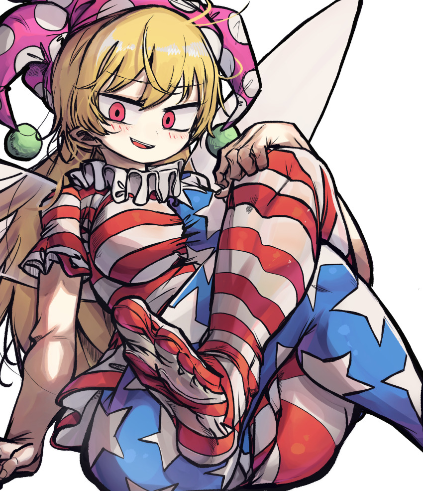 1girl, absurdres, american_flag, american_flag_dress, american_flag_legwear, american_flag_print, antenna_hair, blonde_hair