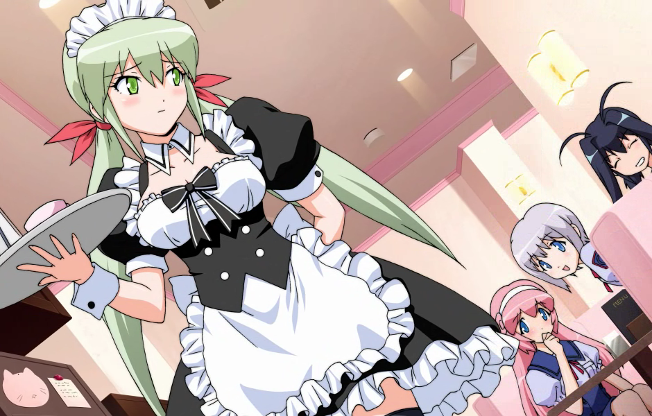 4girls, alternate_costume, antenna_hair, aoba_anoa, apron, blue_eyes, blue_hair, blush