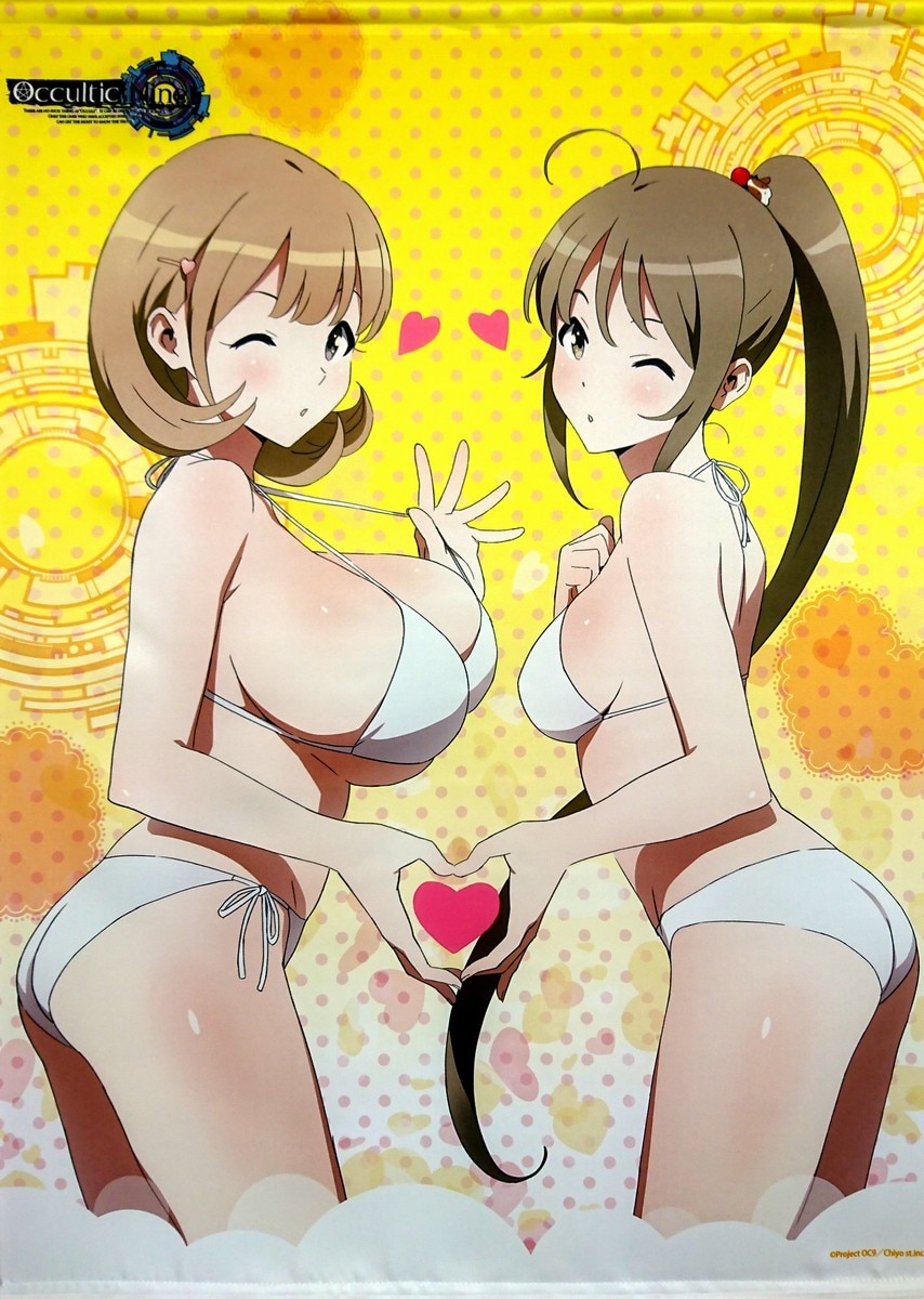 2girls, ahoge, aikawa_miyuu, ass, bikini, breasts, brown_eyes, brown_hair