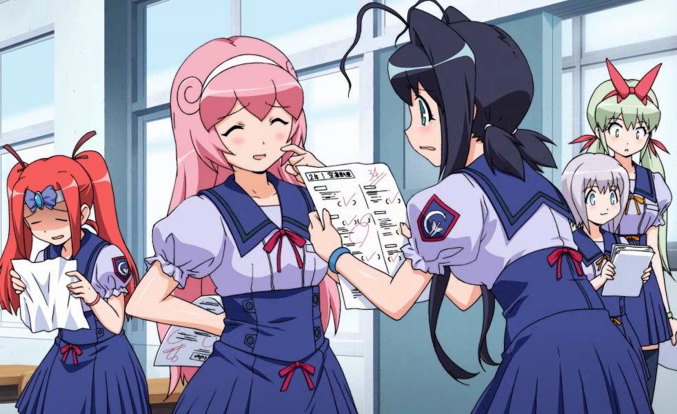 5girls, :3, antenna_hair, aoba_anoa, blue_eyes, blue_hair, bow, classroom