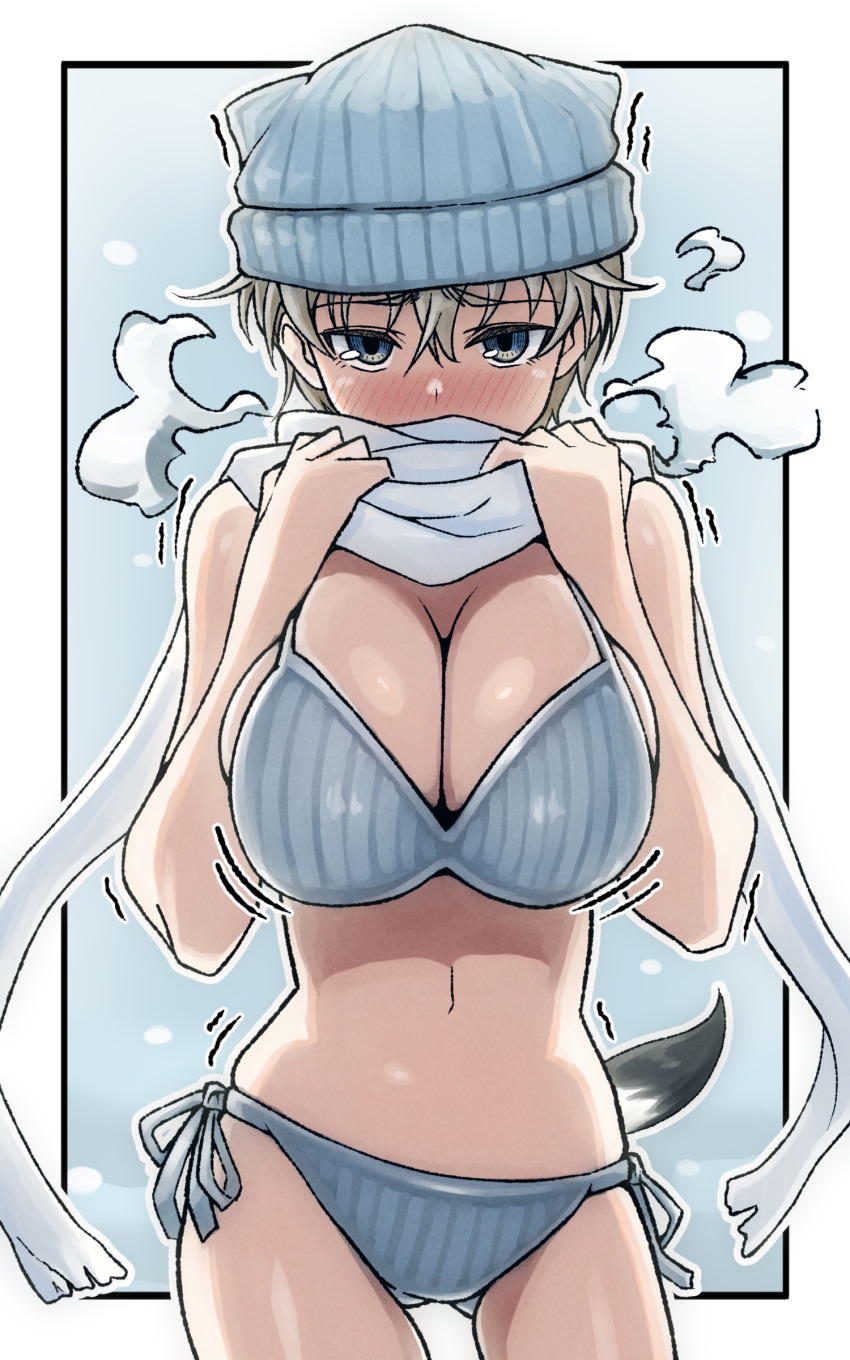 1girl, absurdres, bikini, blonde_hair, blue_bikini, blue_eyes, blush, bouncing_breasts