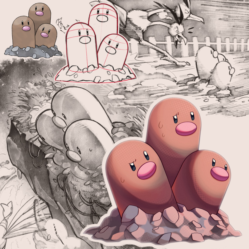 bad_tag, beak, bird, cliff, commentary_request, dodrio, dugtrio, fence