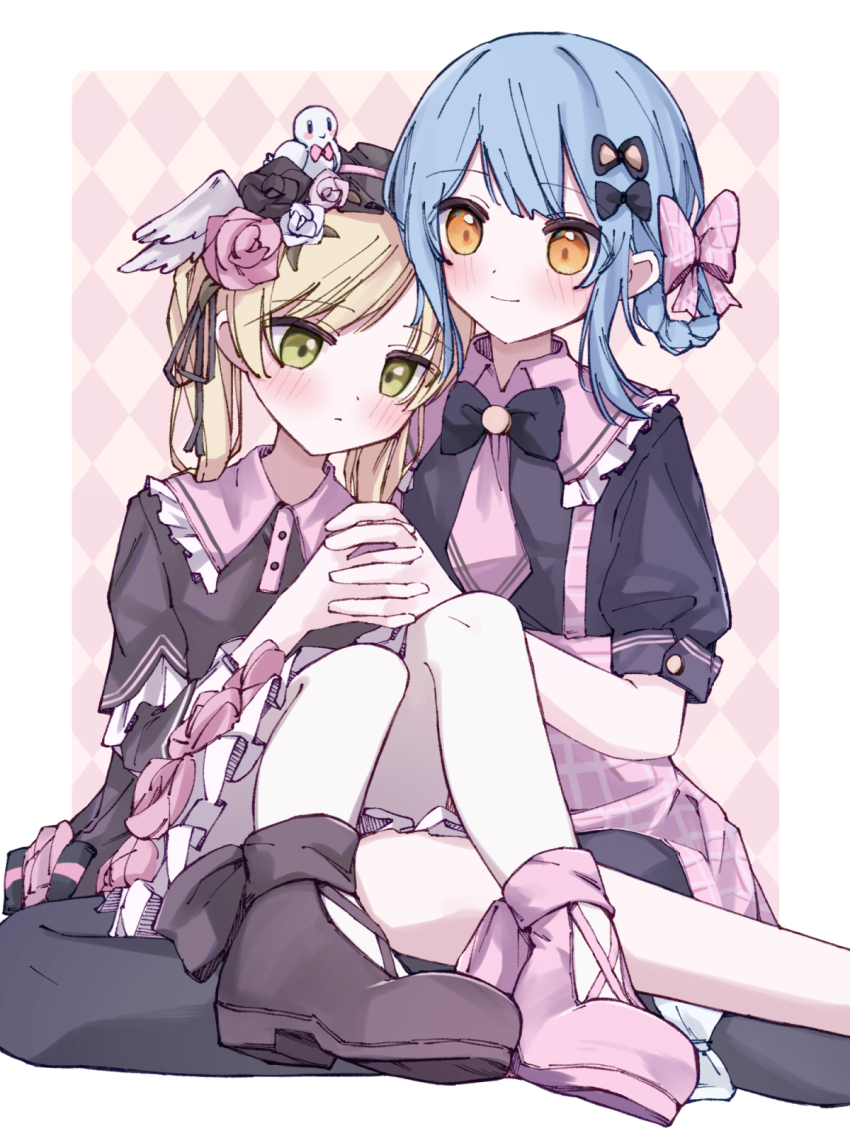 2girls, black_bow, black_bowtie, blonde_hair, blue_eyes, blush, bow, bowtie
