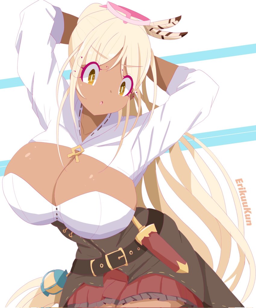 1girl, alternate_costume, arms_behind_head, arms_up, blonde_hair, breasts, cleavage, cleavage_cutout
