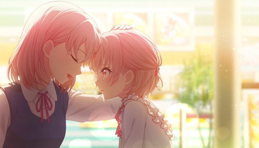 1girl, 1other, :d, aged_down, akiyama_mizuki, akiyama_yuuki, arm_up, backlighting