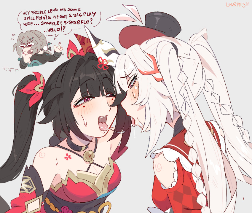 3girls, bare_shoulders, black_choker, black_hair, black_hat, black_sash, breasts, choker