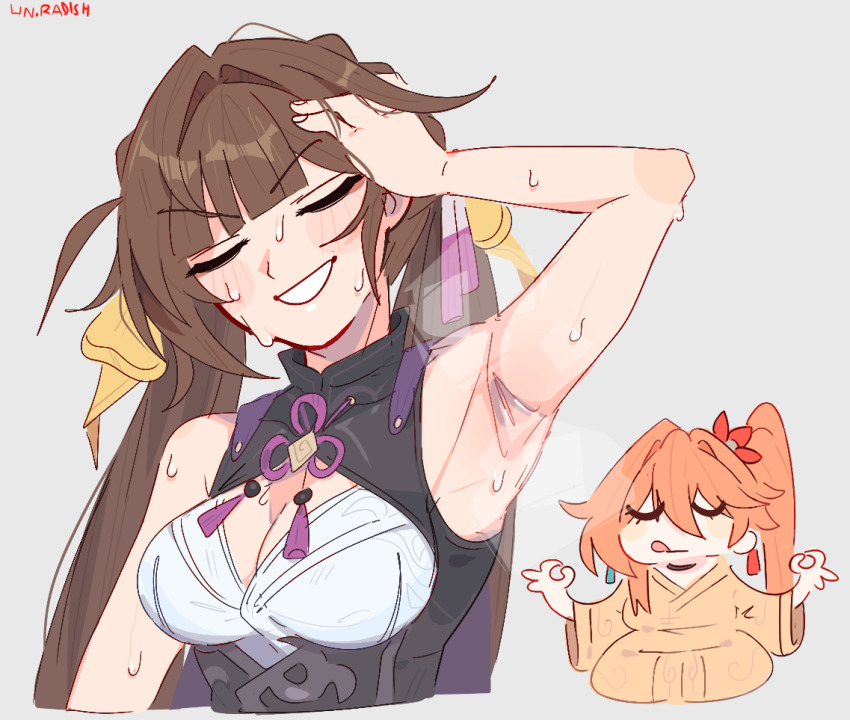 2girls, :q, armpit_focus, armpits, artist_name, bakushin_o_armpit_gif_(meme), bare_shoulders, blunt_bangs