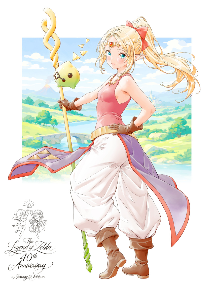 1girl, absurdres, anniversary, baggy_pants, bare_shoulders, belt, blonde_hair, blue_eyes