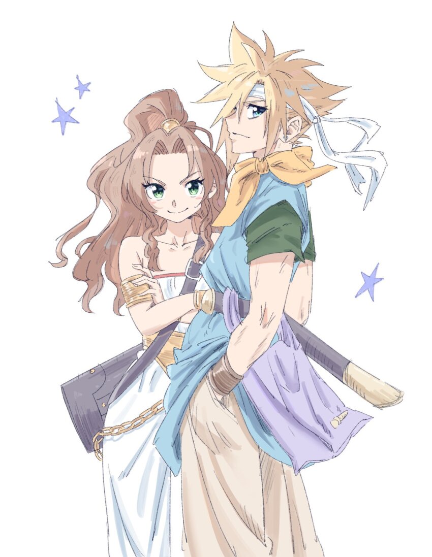1boy, 1girl, aerith_gainsborough, armlet, bare_shoulders, bervens12, blue_eyes, blue_tunic, cloud_strife, cosplay, cow, crono_(chrono_trigger), crono_(chrono_trigger)_(cosplay), crossed_arms, earrings, final_fantasy, final_fantasy_vii, gold_armlet, gold_bracer, green_eyes, green_shirt, hair_between_eyes, hand_in_pocket, headband, high_ponytail, highres, jewelry, long_hair, marle_(chrono_trigger), marle_(chrono_trigger)_(cosplay), neckerchief, parted_bangs, ponytail, romper, shirt, short_hair, sidelocks, single_earring, spiked_hair, sword, tunic, weapon, weapon_on_back, white_background, white_headband, white_romper, yellow_neckerchief
