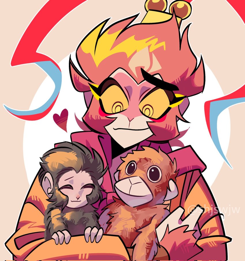 1boy, animal, animification, artist_name, closed_eyes, closed_mouth, colored_sclera, commentary, corrupted_twitter_file, english_commentary, feather_hair_ornament, feathers, hair_ornament, heart, highres, holding, holding_animal, holding_stuffed_toy, male_focus, monkey, monkey_boy, lego_monkie_kid, orange_fur, orange_hair, orange_sclera, punch_the_monkey_(ichikawa_city_zoo), real_life, shjswjw, short_hair, simple_background, smile, stuffed_animal, stuffed_monkey, stuffed_toy, sun_wukong_(monkie_kid), twitter_username, yellow_eyes