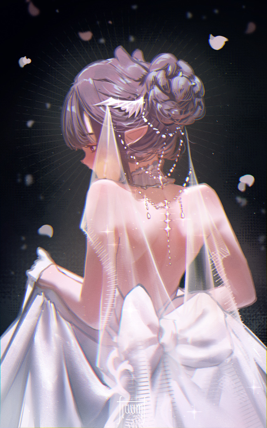 1girl, absurdres, artist_name, back, backless_dress, backless_outfit, bare_shoulders, black_background