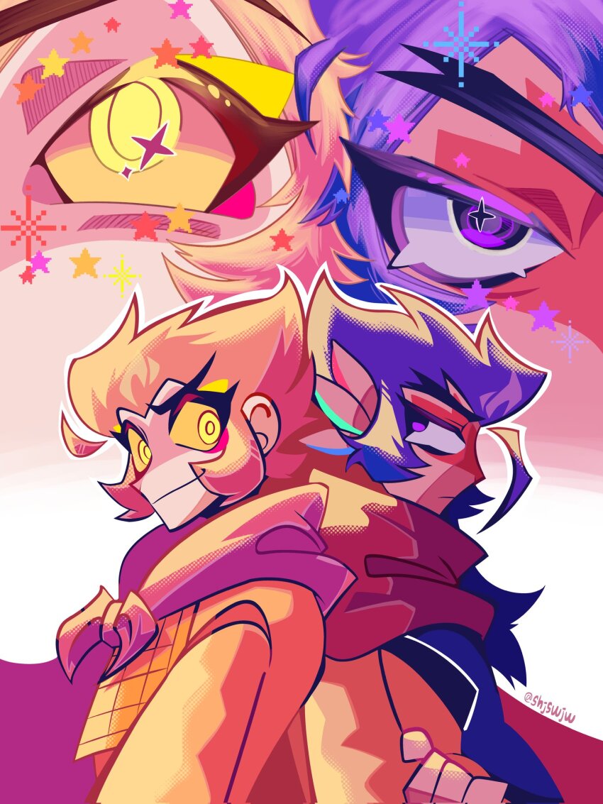 2boys, animification, artist_name, back-to-back, cape, closed_mouth, colored_sclera, commentary_request, crossed_arms, facial_mark, highres, korean_commentary, looking_at_another, looking_at_viewer, macaque_(monkie_kid), male_focus, lego_monkie_kid, mouth_visible_through_hair, multiple_boys, orange_hair, orange_sclera, outline, purple_eyes, purple_hair, red_cape, screentones, shjswjw, short_hair, smile, sparkle, sun_wukong_(monkie_kid), twitter_username, upper_body, white_outline, yellow_eyes