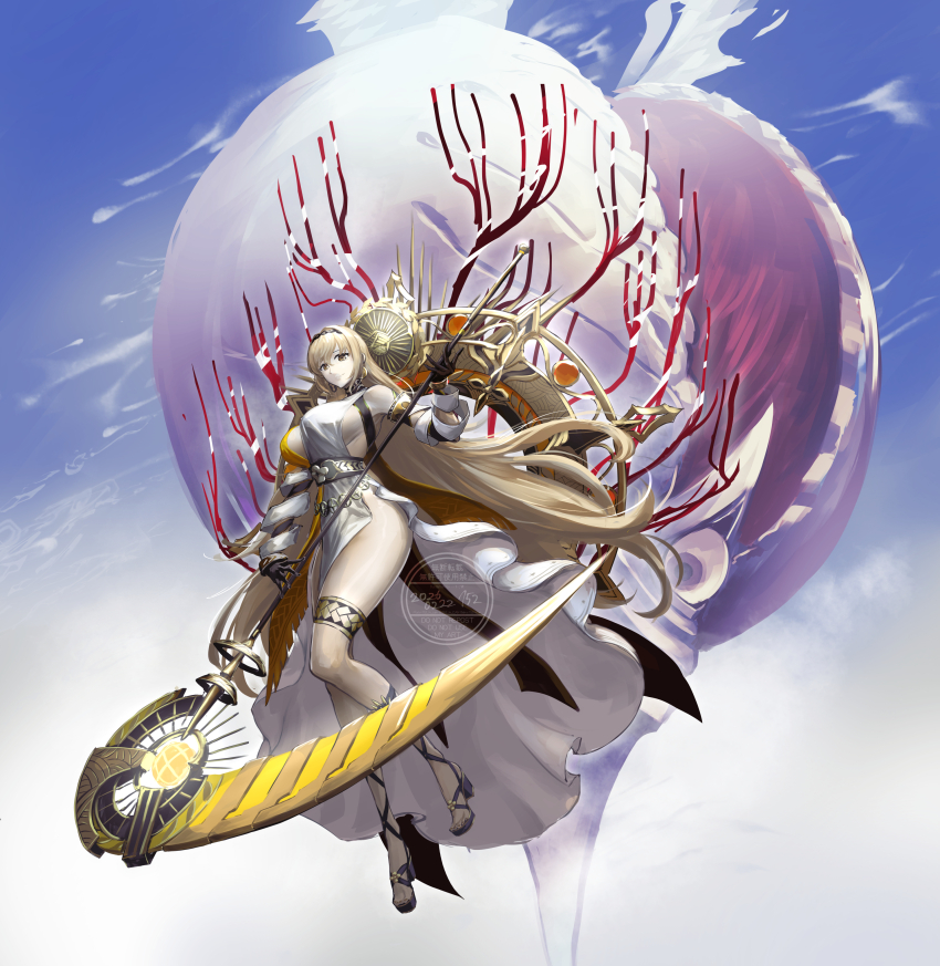 152_in_can, 1girl, absurdres, ancient_greek_clothes, black_gloves, blonde_hair, breasts, commentary, demeter_(fate), demeter_(first_ascension)_(fate), demeter_(machine_god)_(fate), fate/grand_order, fate_(series), gloves, greco-roman_clothes, halo, highres, holding, holding_scythe, large_breasts, long_hair, looking_at_viewer, no_panties, scythe, smile, solo, thighs, very_long_hair, watermark, yellow_eyes