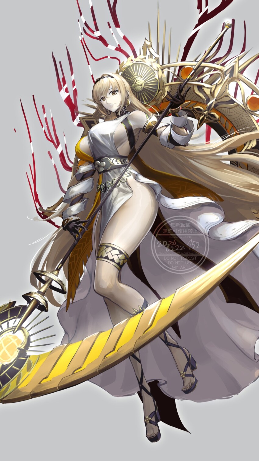 152_in_can, 1girl, ancient_greek_clothes, black_gloves, blonde_hair, breasts, commentary, demeter_(fate), demeter_(first_ascension)_(fate), fate/grand_order, fate_(series), gloves, greco-roman_clothes, halo, highres, holding, holding_scythe, large_breasts, long_hair, looking_at_viewer, no_panties, scythe, smile, solo, thighs, very_long_hair, watermark, yellow_eyes