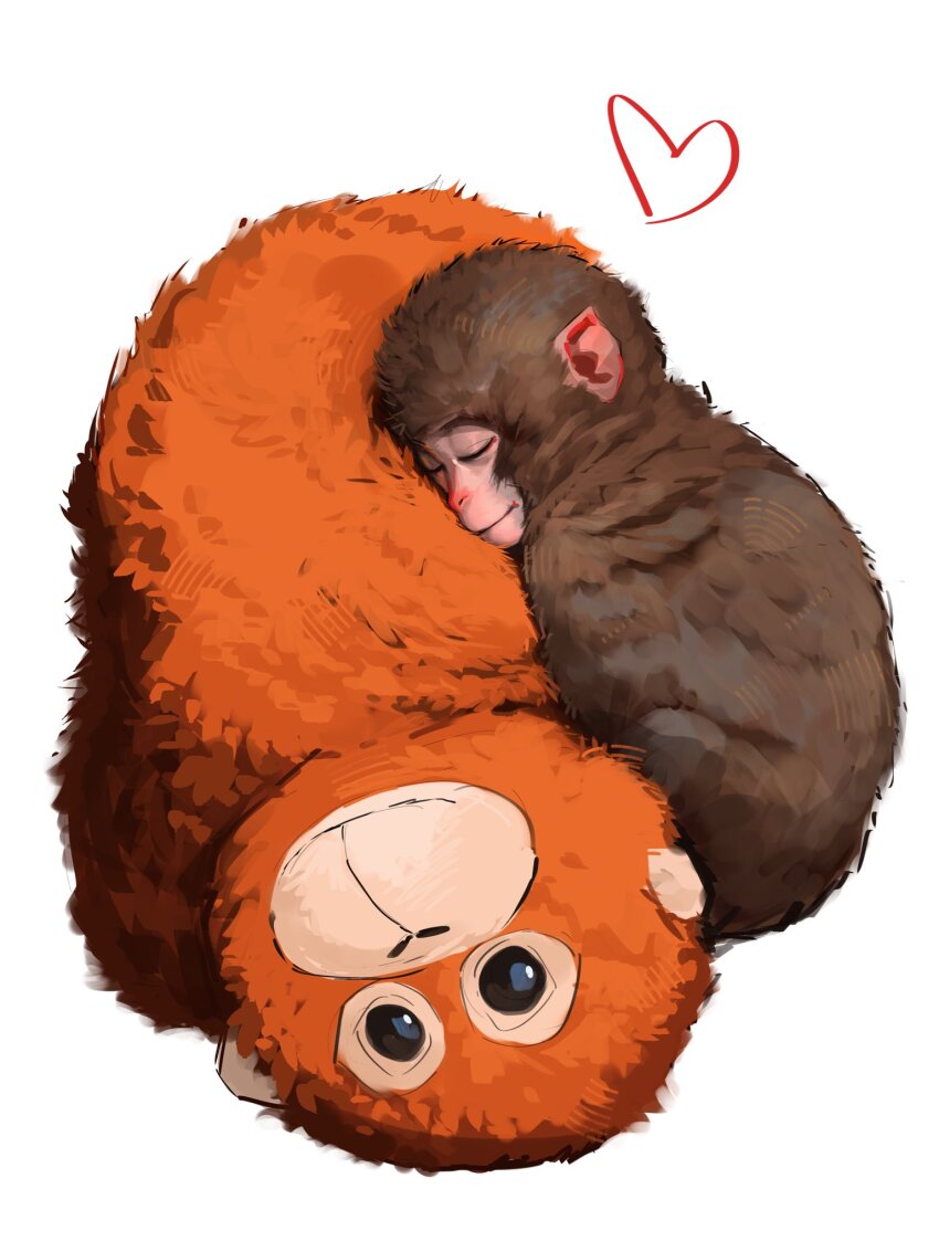 animal_focus, baby_animal, brown_fur, closed_eyes, commentary, english_commentary, heart, highres, hugging_object, monkey, no_humans, painterly, punch_the_monkey_(ichikawa_city_zoo), real_life, sam_yang, simple_background, smile, stuffed_animal, stuffed_toy, white_background