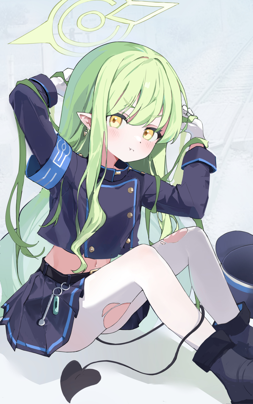 1girl, :t, absurdres, black_shoes, black_skirt, blue_archive, commentary, demon_tail