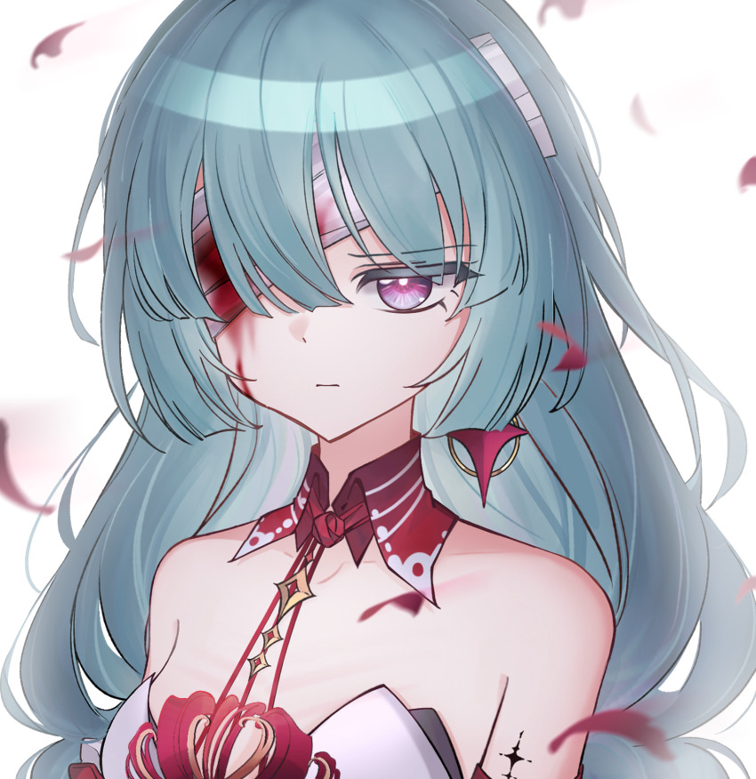 1girl, bandage_over_one_eye, bandages, bare_shoulders, blood, bloody_bandages, bloody_tears, chinese_commentary