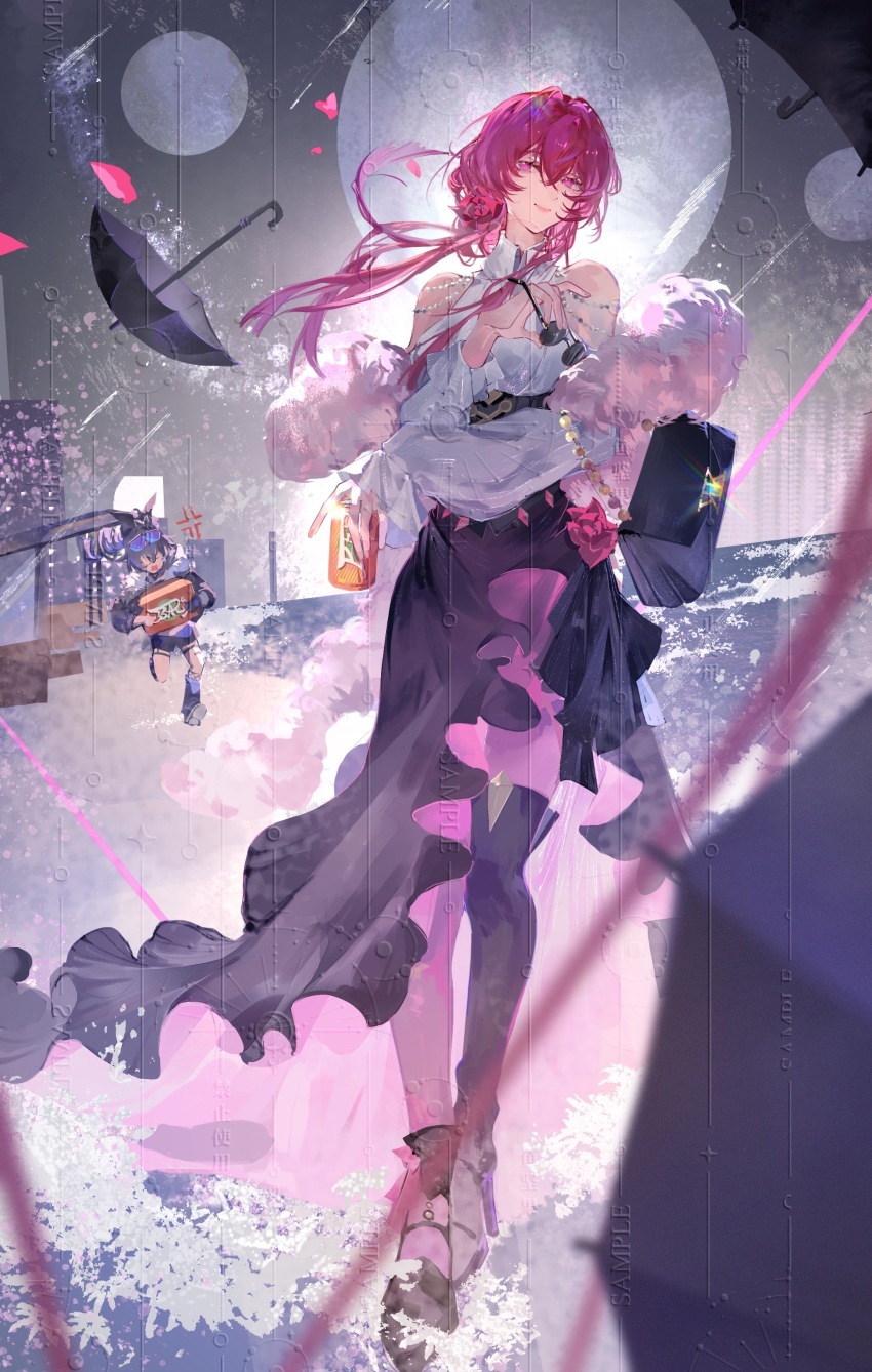 2girls, absurdres, alternate_costume, anger_vein, bag, bare_shoulders, black_bag, black_shoes