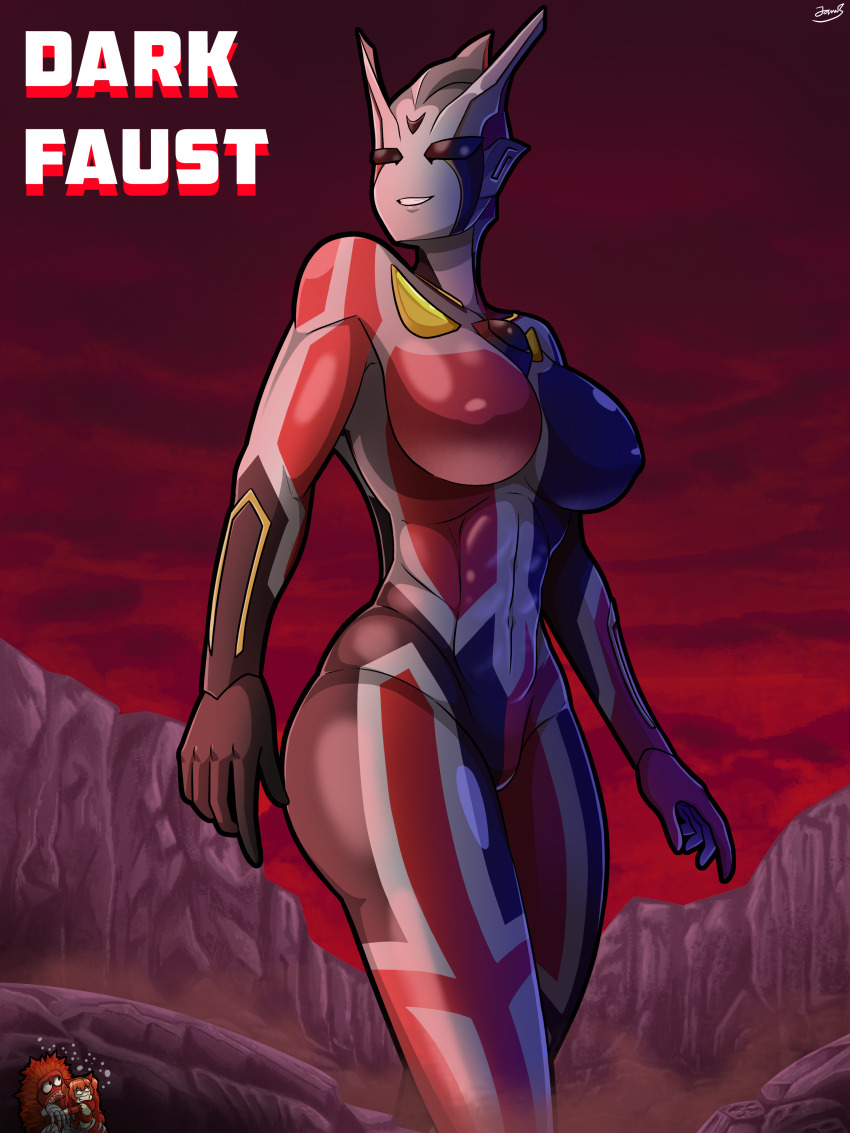 1girl, absurdres, alien, alternate_breast_size_(larger), black_eyes, black_skin, color_timer, colored_skin