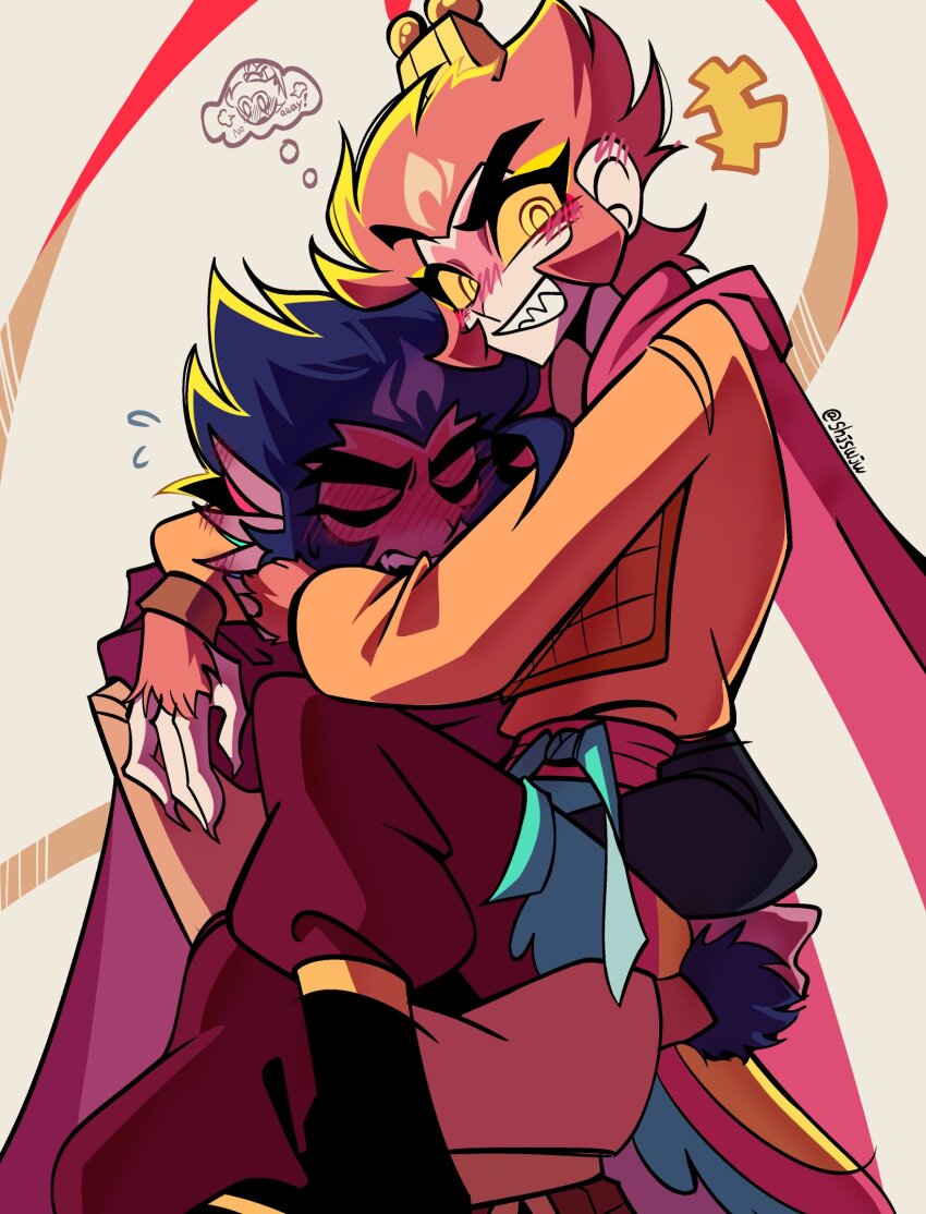 +++, 2boys, animification, arms_around_neck, artist_name, black_fur, black_hair, blush, cape, carrying, carrying_person, chinese_clothes, closed_eyes, colored_sclera, commentary, ear_blush, embarrassed, english_commentary, extra_ears, facial_mark, feather_hair_ornament, feathers, flying_sweatdrops, grin, hair_ornament, highres, imagining, long_sleeves, looking_at_viewer, macaque_(monkie_kid), male_focus, monkey_boy, lego_monkie_kid, multiple_boys, open_mouth, orange_fur, orange_hair, orange_sclera, orange_shirt, pants, red_cape, red_pants, sharp_teeth, shirt, shjswjw, short_hair, smile, speech_bubble, sun_wukong_(monkie_kid), teeth, thought_bubble, twitter_username, yaoi, yellow_eyes