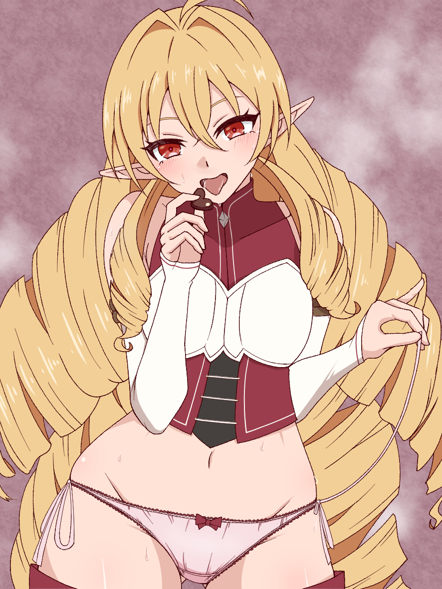 1girl, blonde_hair, candy, chocolate, chocolate_heart, commentary_request, drill_hair, elf, elinalise_dragonroad, food, heart, heart-shaped_food, long_hair, looking_at_viewer, memejiban, midriff, mushoku_tensei, panties, pointy_ears, red_eyes, side-tie_panties, solo, tongue, tongue_out, underwear, valentine, very_long_hair