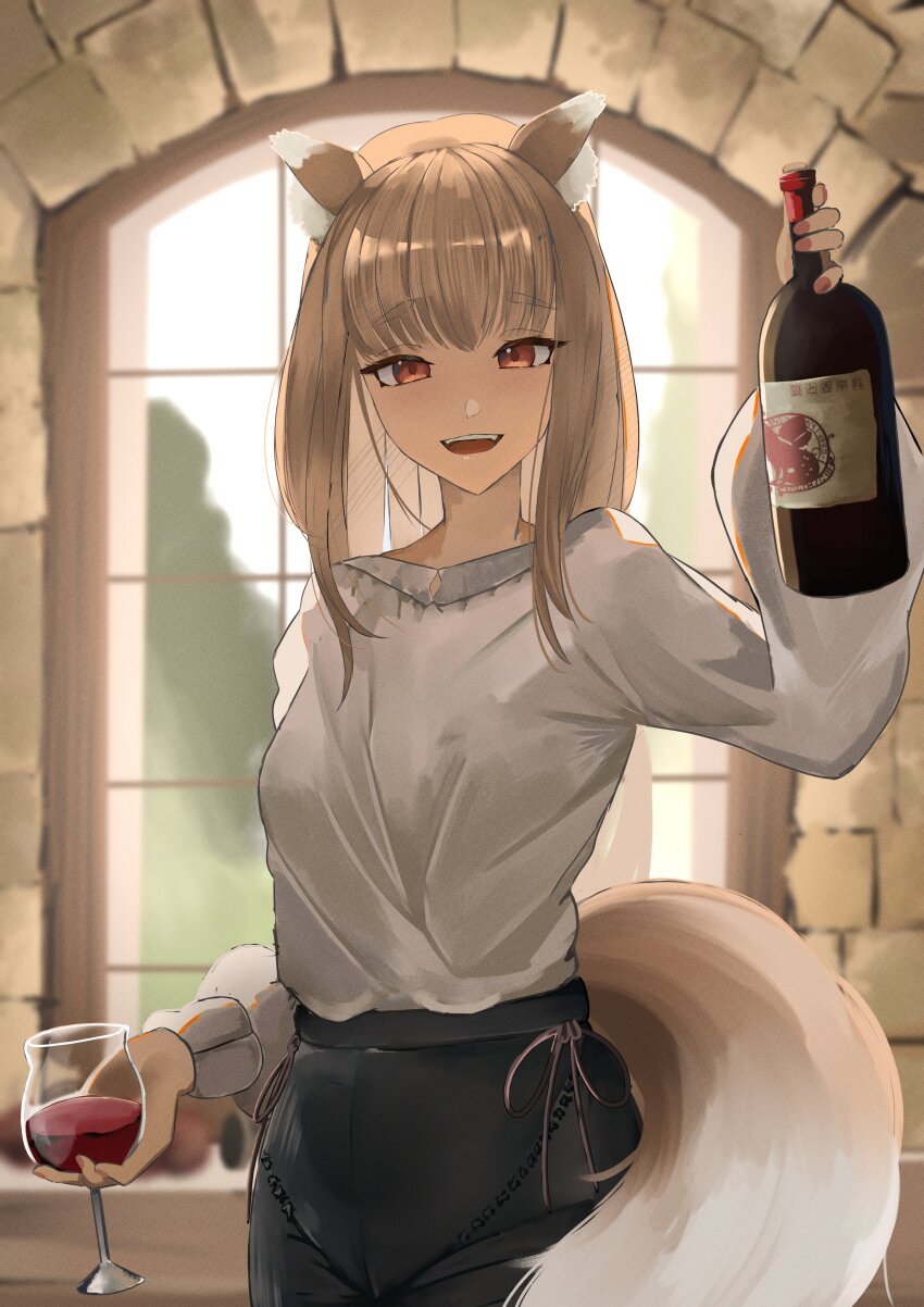 1girl, absurdres, animal_ear_fluff, animal_ears, araca_ra, black_pants, bottle, breasts