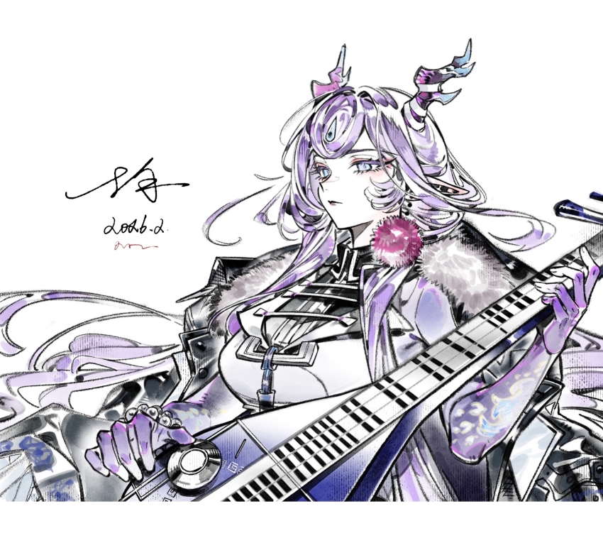 1girl, arknights, bead_bracelet, beads, blue_eyes, bracelet, breasts, colddddddd2, colored_extremities, dragon_girl, dragon_horns, dress, earrings, eastern_dragon_horns, highres, holding, holding_instrument, horns, instrument, jacket, jacket_on_shoulders, jewelry, jun_(arknights), large_breasts, long_hair, looking_at_viewer, pointy_ears, pom_pom_(clothes), pom_pom_earrings, purple_hair, purple_hands, signature, simple_background, solo, upper_body, white_background, white_dress