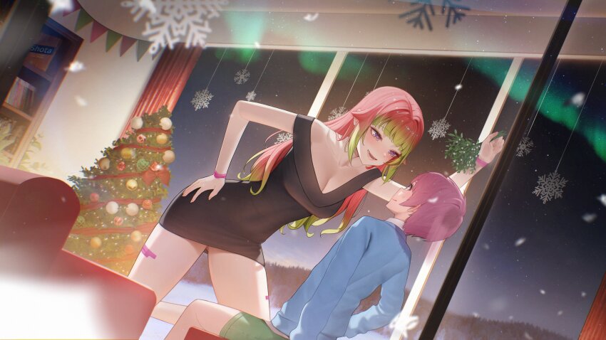 1boy, 1girl, absurdres, age_difference, aurora, black_dress, breasts, christmas_ornaments