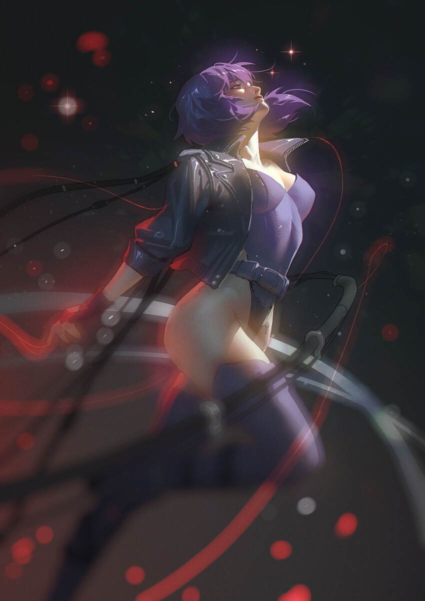 1girl, belt, black_belt, black_jacket, blurry, boots, breasts, cable